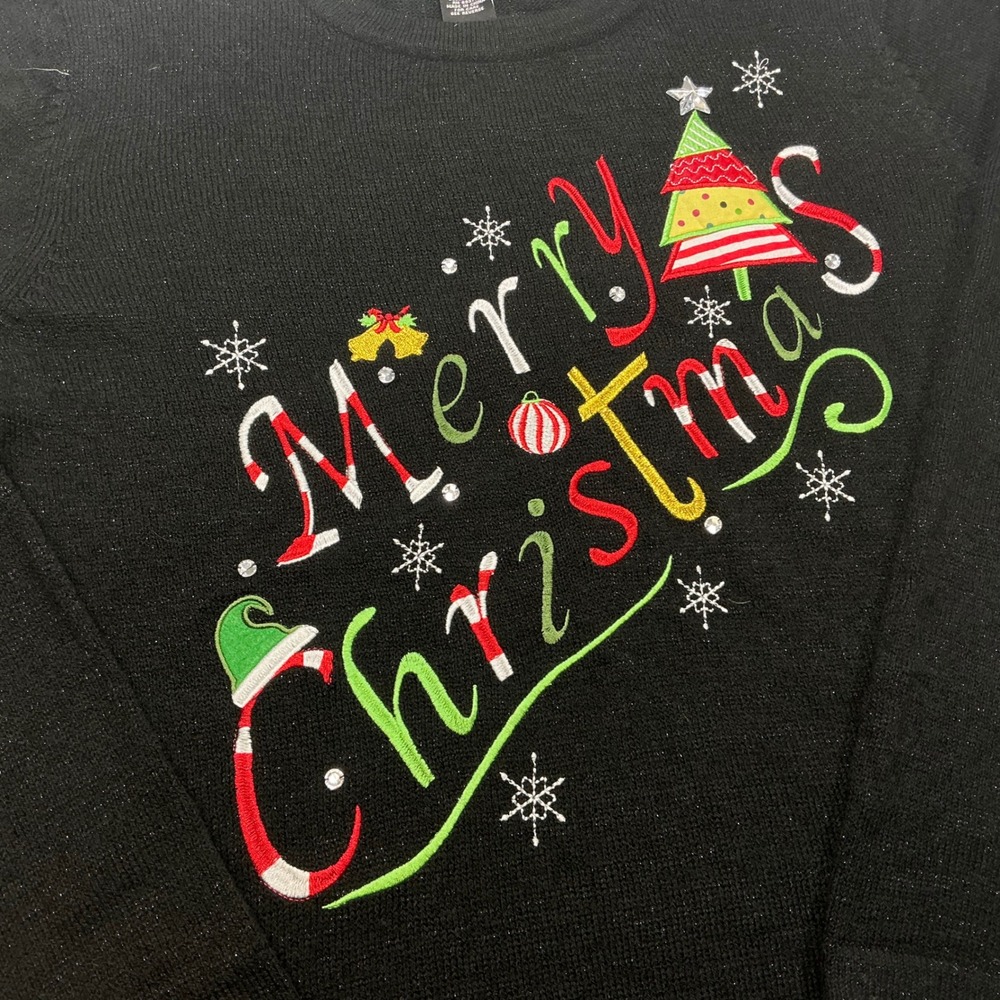 Crystal Kube Women's Black Merry Christmas Embroidered Sweater‎ Size XL - Picture 5 of 6